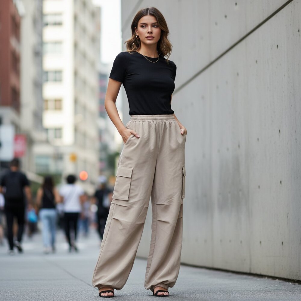 SHEIN Womens Small Beige Cargo Jogger Pants Elastic Waist Drawstring Barrel leg